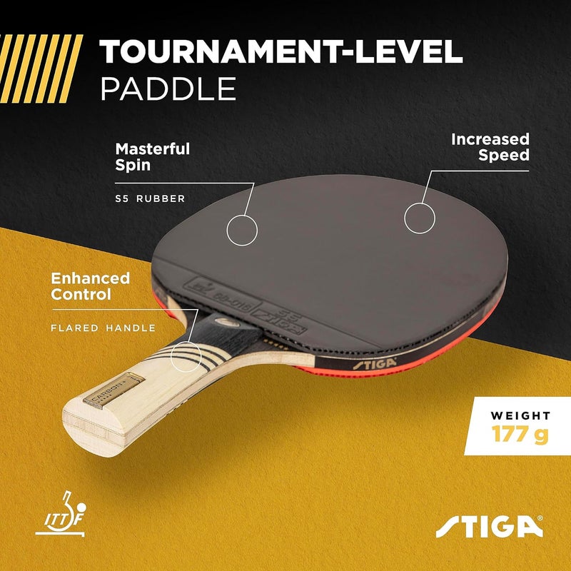Stiga Carbon+ Bundle Ping Pong Paddle Set – 7-ply Extra Light Carbon Fiber Blade – 2mm Premium Sponge – Concave Pro Handle – 2 3-Star Tournament Balls – Neoprene Racket Cover – Player Wristband - Image 2
